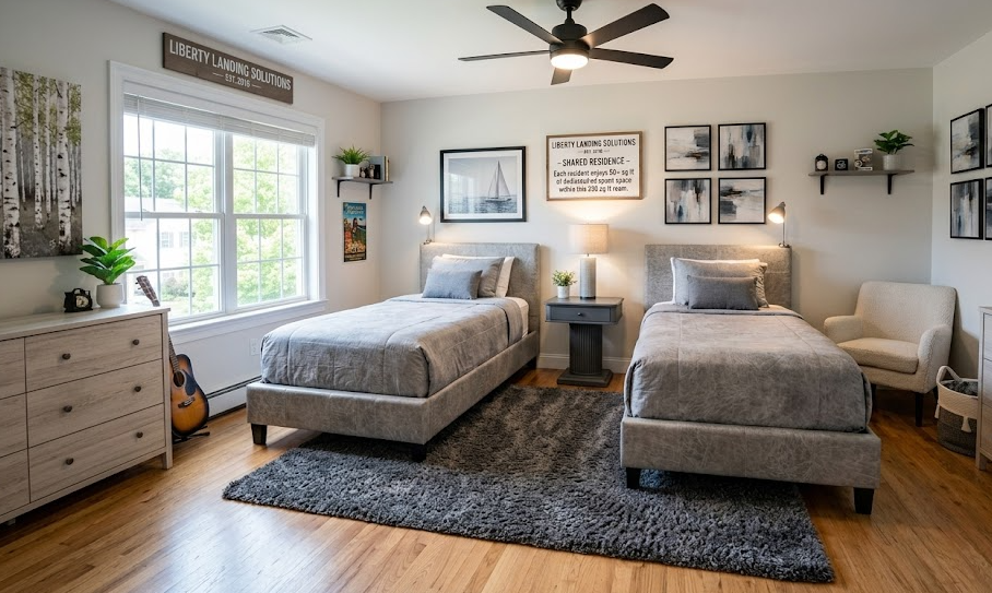 Furnished shared bedroom with two twin beds and warm natural light
